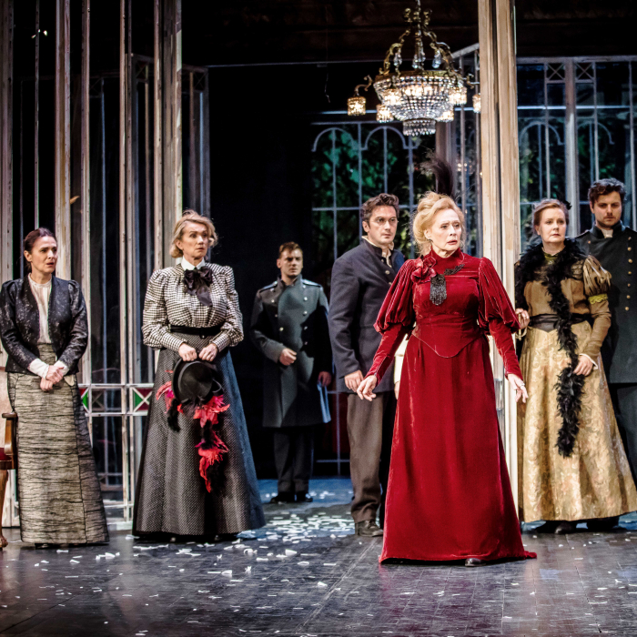 Na zdjęciu aktorka Dorota Landowska na tle scenografii do spektaklu Wiśniowy sad