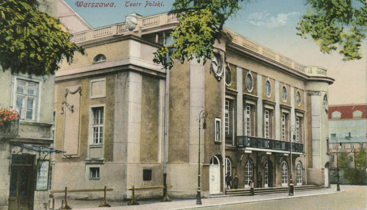 Pocztówka z kolorowym rysunkiem budynku Teatru Polskiego z 1914 roku.