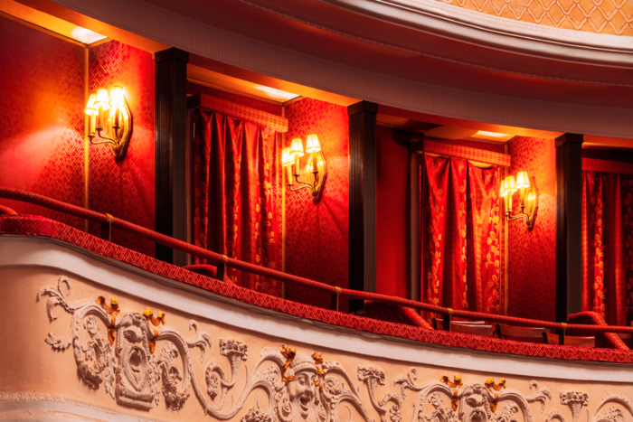 Na zdjęciu loże wraz z balustradą na widowni Dużej Sceny Teatru Polskiego
